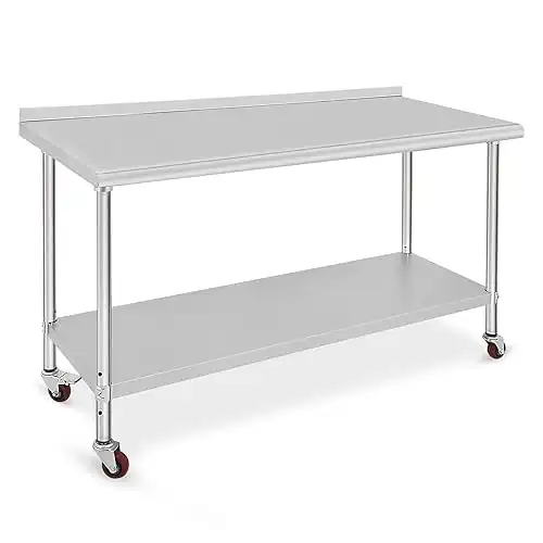 Zstar Stainless Steel Table, 60 x 24 x 35 Inch Work Table with 4 Wheels & Backsplash, NSF Certificated, Adjustable Heavy Duty Commercial Food Prep Worktable for Restaurant, Home and Hotel