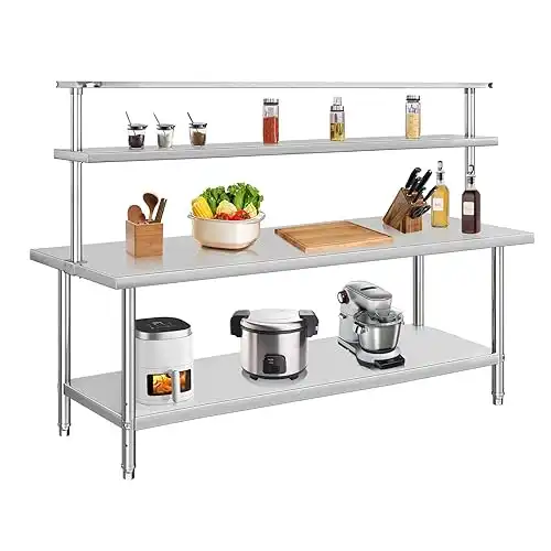 60 x 36 Inch Stainless Steel Table with Overshelf for Prep & Work, NSF Commercial Stainless Steel Kitchen Island with Adjustable Shelf & Hooks for Restaurant, Home and Hotel