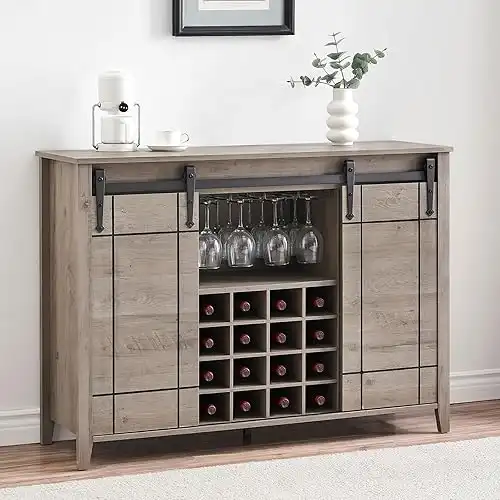 Farmhouse Wine Bar Cabinet, 47" Coffee Bar Cabinet with Sliding Barn Door, Buffet Sideboard Cabinet with 16 Bottle Wine Rack, Light Rustic Oak